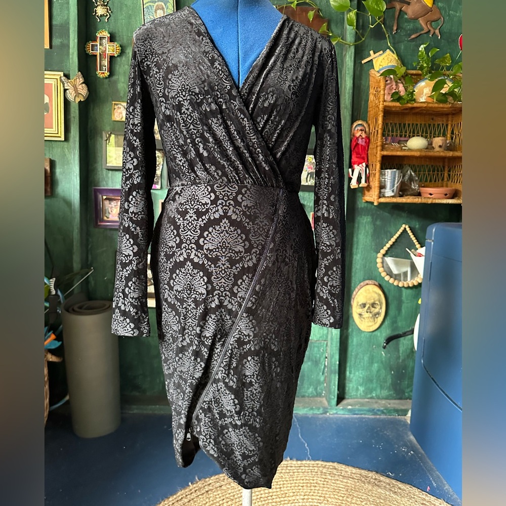 Rachel Roy black velvet wrap midi dress with zipper